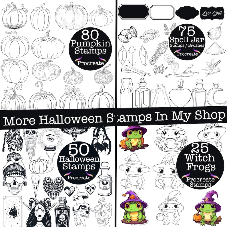 Puede incluir: Conjunto de sellos digitales con ilustraciones tem&aacute;ticas de Halloween. Incluye sellos de calabazas, sellos de frascos de hechizos, sellos de ranas brujas y otros dise&ntilde;os espeluznantes. El texto dice "80 Pumpkin Stamps", "75 Spell Jar Stamps", "50 Halloween Stamps" y "25 Witch Frogs".