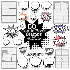 May include: A collection of 50 comic book stamps for Procreate, featuring various speech bubbles, sound effects like "POW!" and "ZAP!", and comic panel layouts. The design is in black and white with halftone patterns.