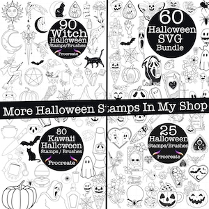 Puede incluir: Una colecci&oacute;n de sellos y pinceles digitales con tem&aacute;tica de Halloween en blanco y negro. La imagen presenta cuatro gr&aacute;ficos circulares con texto: "90 Witch Halloween Stamps/Brushes", "60 Halloween SVG Bundle", "80 Kawaii Halloween Stamps/Brushes" y "25 Halloween Stamps/Brushes".