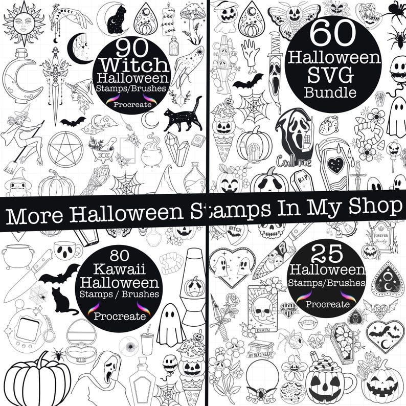 Puede incluir: Una colecci&oacute;n de sellos y pinceles digitales con tem&aacute;tica de Halloween en blanco y negro. La imagen presenta cuatro gr&aacute;ficos circulares con texto: "90 Witch Halloween Stamps/Brushes", "60 Halloween SVG Bundle", "80 Kawaii Halloween Stamps/Brushes" y "25 Halloween Stamps/Brushes".