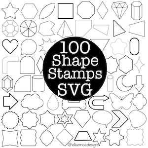 May include: A collection of 100 black and white shape stamps in SVG format. The shapes include stars, hearts, diamonds, and more. A black circle in the center reads "100 Shape Stamps SVG". The image is a digital design resource.