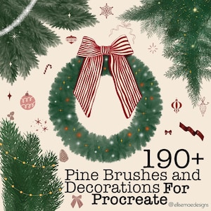 Puede incluir: Ilustración digital de una corona navideña con un lazo a rayas rojas y blancas. La imagen incluye ramas de pino, adornos y el texto "190+ Pine Brushes and Decorations For Procreate."