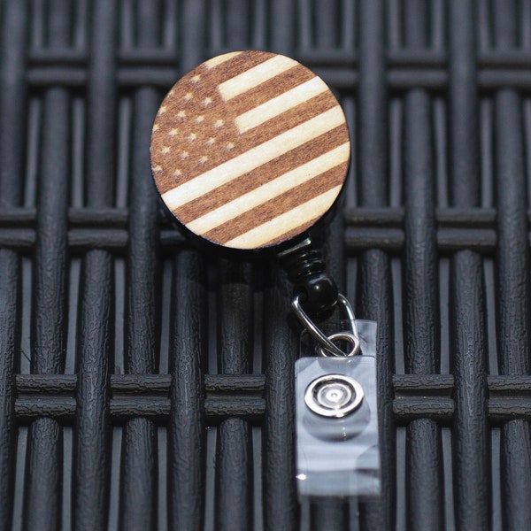 American Flag Badge Reel | Wood Badge Reel | Wooden Flag Badge Holder | Work Accessories | Military Gift | Custom ID Badge | Work Badge | 19