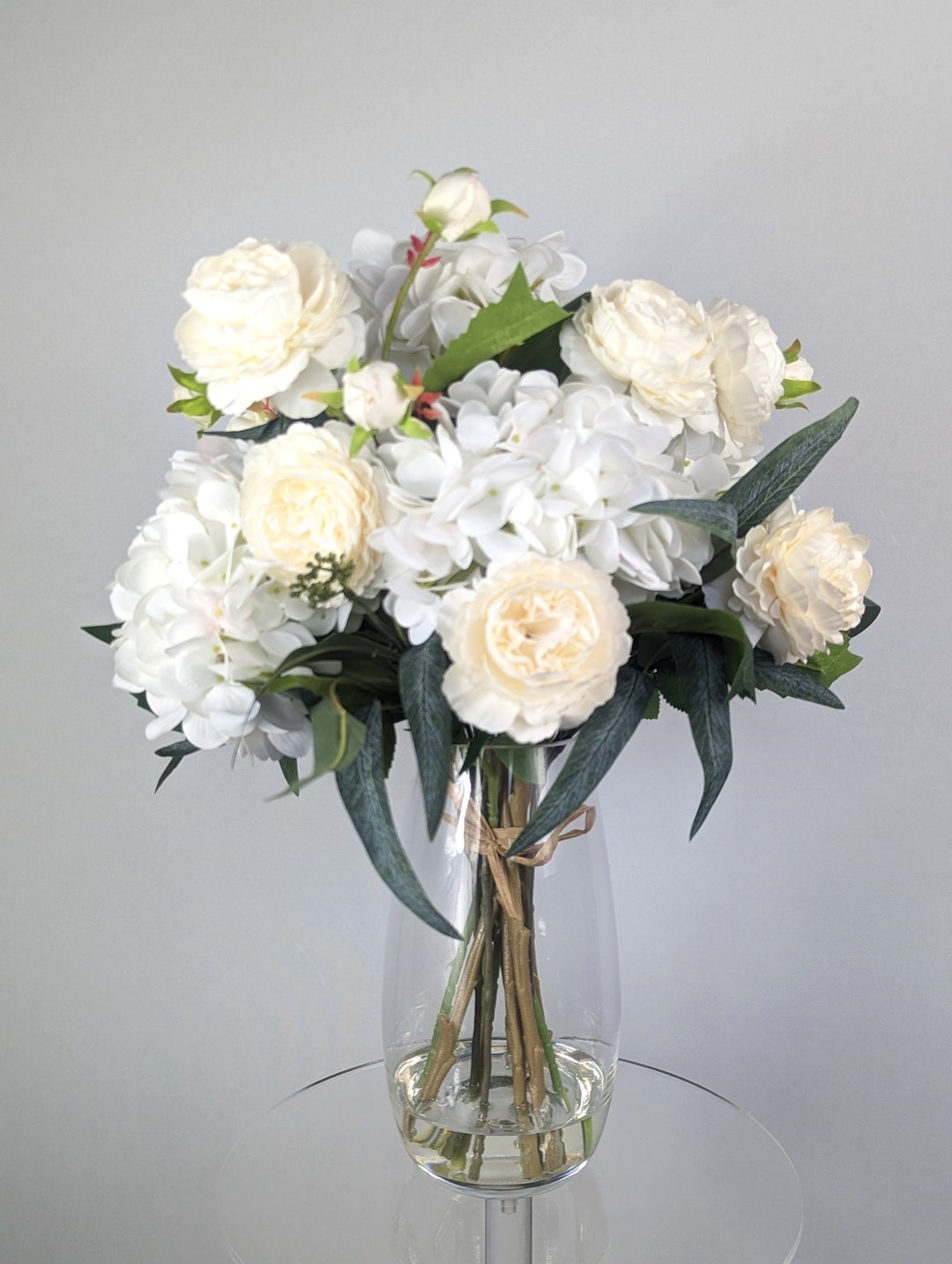 White Hydrangea Silk Arrangement in Glass Vase 18 Etsy