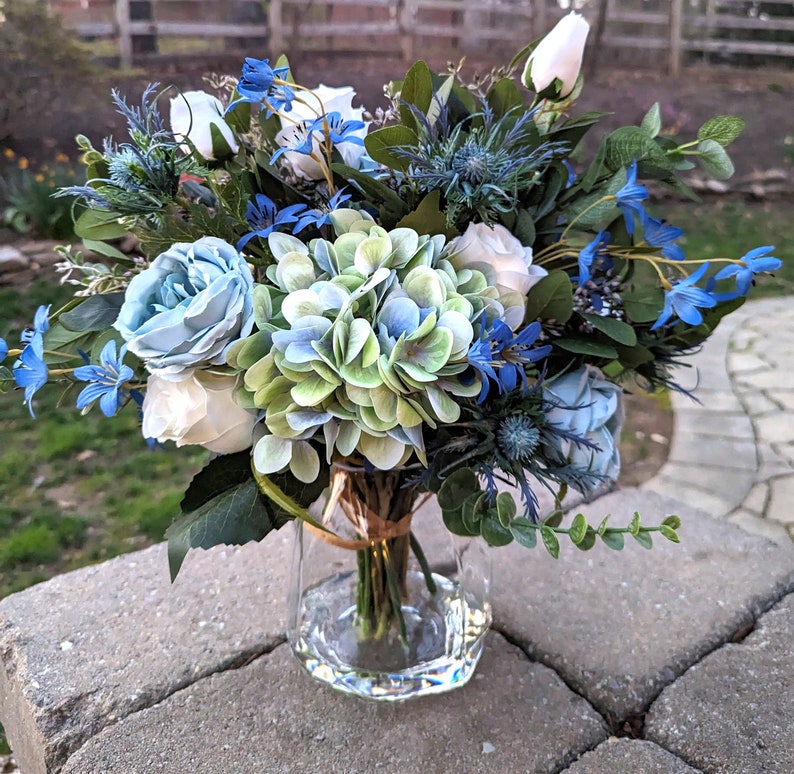 Large Blue Rose and Hydrangea Silk Flower Arrangement in Vase, Blue