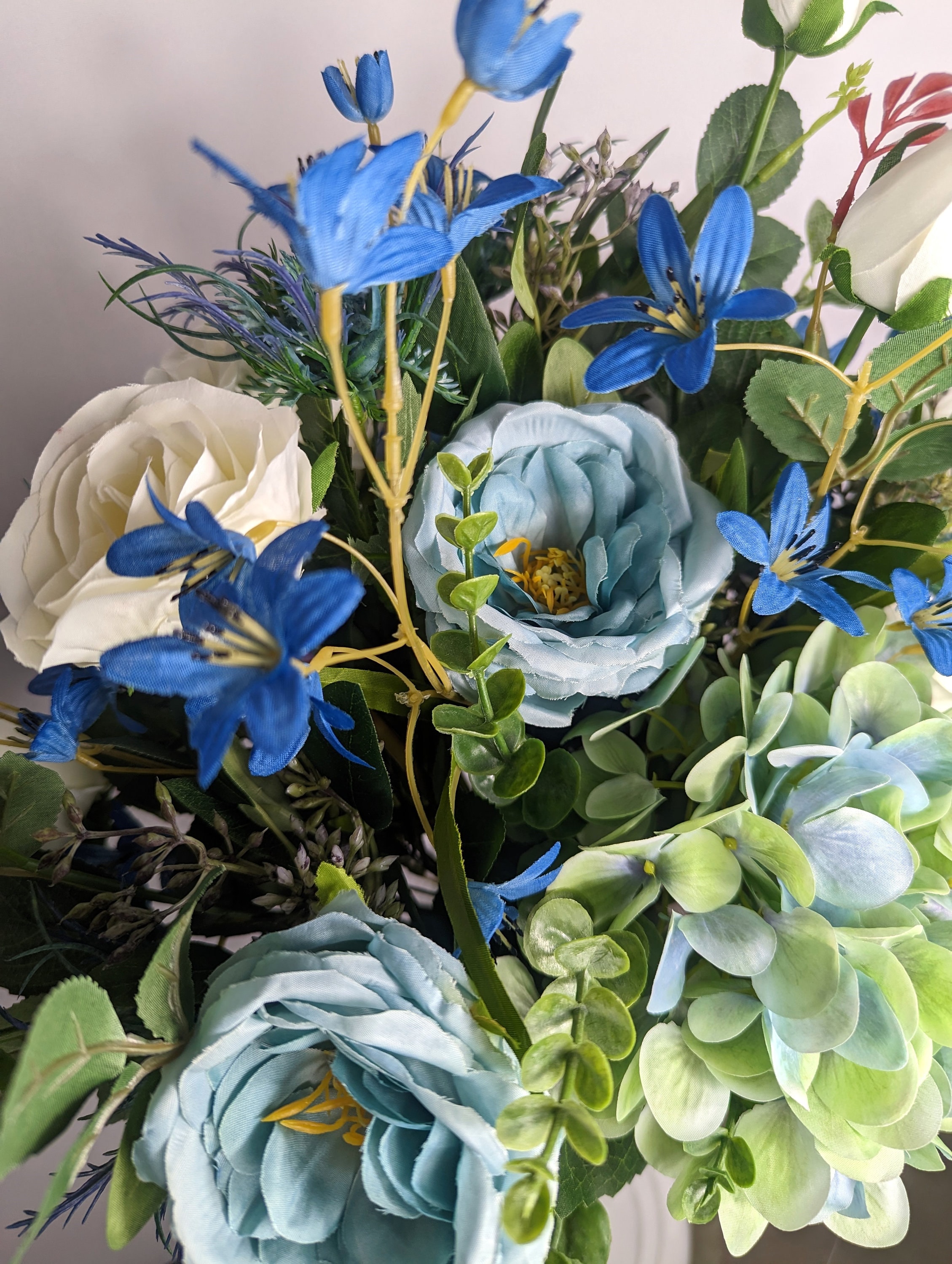 Large Blue Rose and Hydrangea Silk Flower Arrangement in Vase, Blue