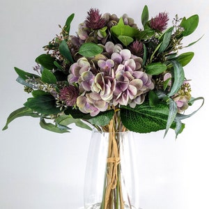 Purple Hydrangea Arrangement in Glass Vase 18&quot;, Purple Hydrangea with Seeded Eucalyptus and Thistle, faux Water, Spring Faux Flowers