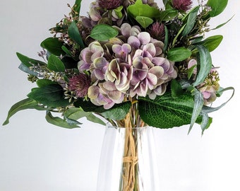 Purple Hydrangea Arrangement in Glass Vase 18", Purple Hydrangea with Seeded Eucalyptus and Thistle, faux Water, Spring Faux Flowers