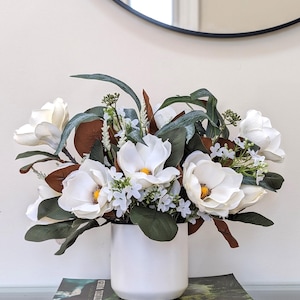 Magnolia Silk Floral Arrangement in White Pot, Eucalyptus, Astilbe and Wax Flowers, Faux Silk Flowers, Spring Florals, Spring Home Decor