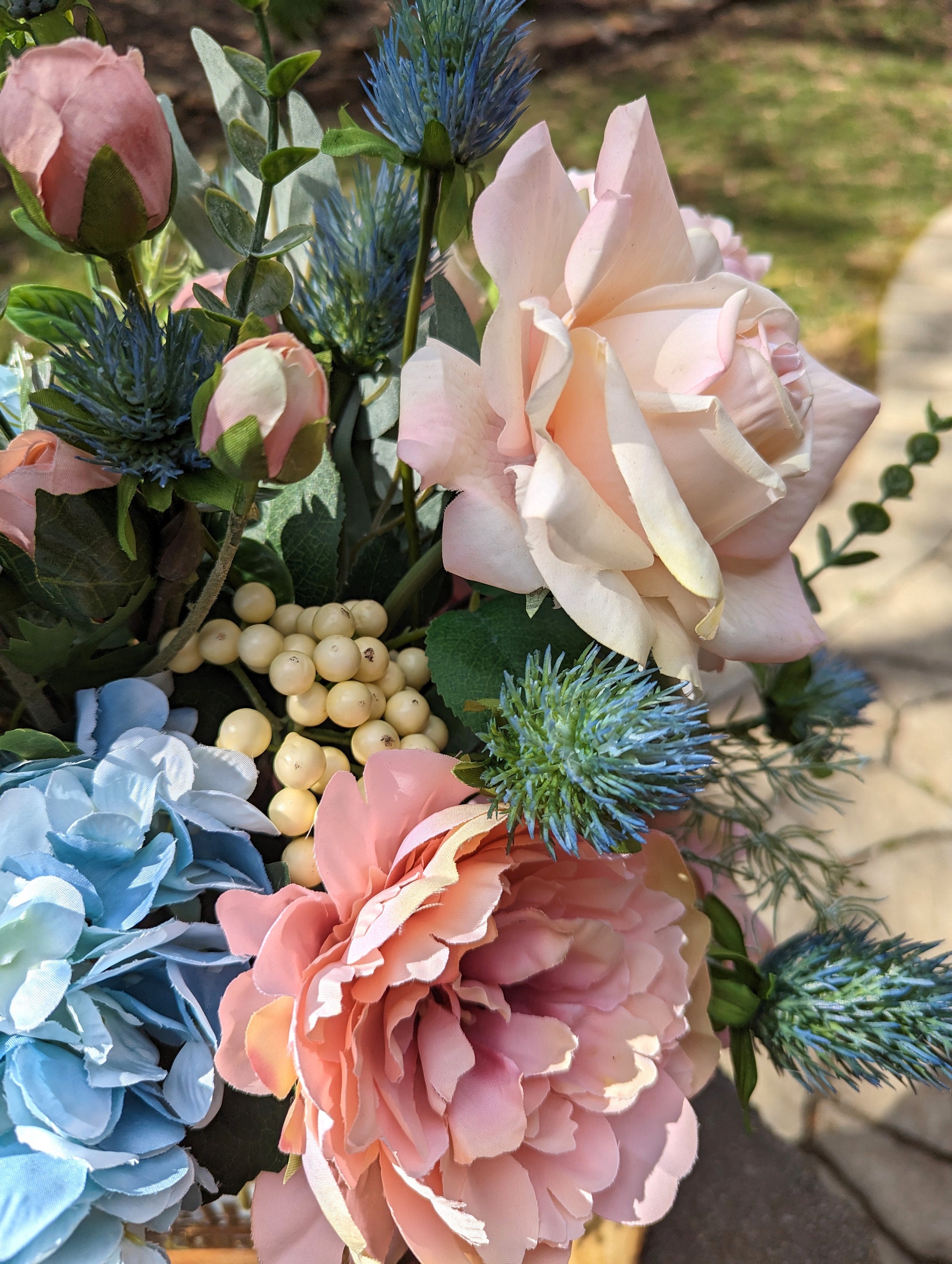 Blue Hydrangea Flower Arrangement, Blue Accents and Blush Peonies, Faux