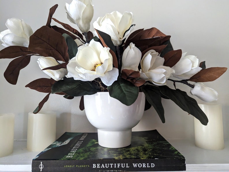 Sweet Magnolia SILK Flower Arrangement in Elegant Compote Vase 23