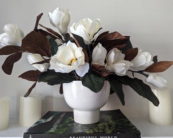 Sweet Magnolia SILK Flower Arrangement in Elegant Compote Vase 23" Length, Magnolia Silk Arrangement, Magnolia Table Decor, SPRING FLORALS