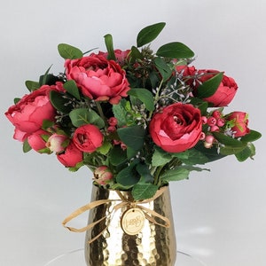 Valentine Berry Ranunculus in Gold Pot 13&quot;, Bright Pink Ranunculus Silk Arrangement, Pink Faux Flowers