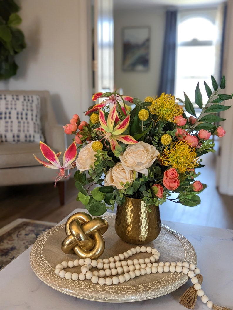 Pink Silk Flowers in Gold Pot 15, Vibrant Pink and Yellow Protea, Mixed