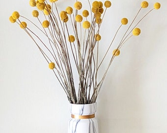 Dried Flower Arrangement, Yellow Craspedia Flowers, Billy Buttons, Ceramic Marble Style Vase included, DIY, Naturally Dried Flowers Decor,