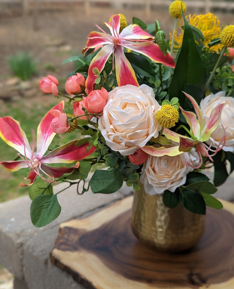 Pink Silk Flowers in Gold Pot 15 Vibrant Pink and Etsy