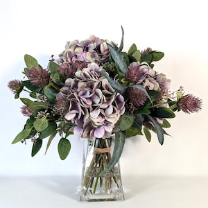 Purple Hydrangea Arrangement in Glass Vase, 15&quot;, Purple Hydrangea with Seeded Eucalyptus and Thistle, faux Water, Spring Faux Flowers