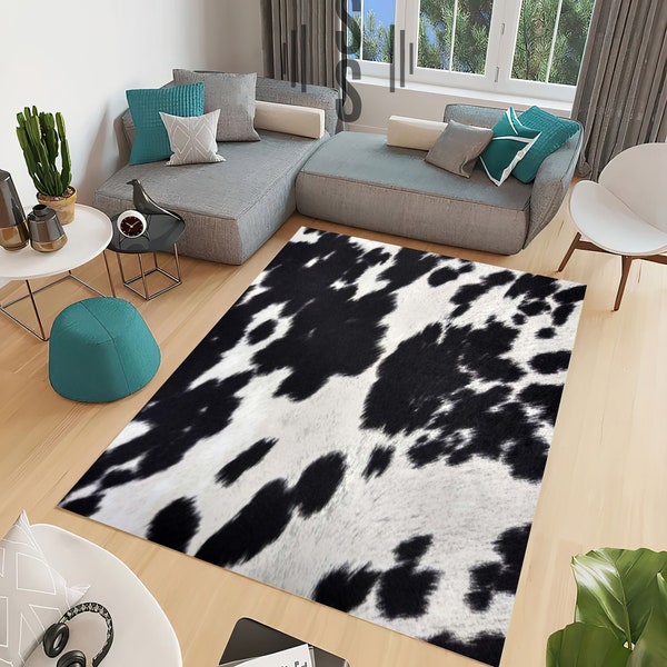 Cowhide Pattern Rug, Rugs For Living Room And Bedroom, Skin Print Area Rug, Realistic Animal Pattern Outdoor Rug, Cowhide Leather Art Rug