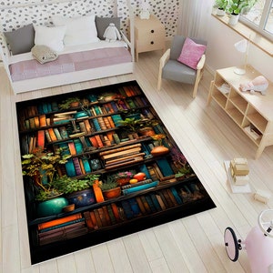 a room with a rug that has books on it