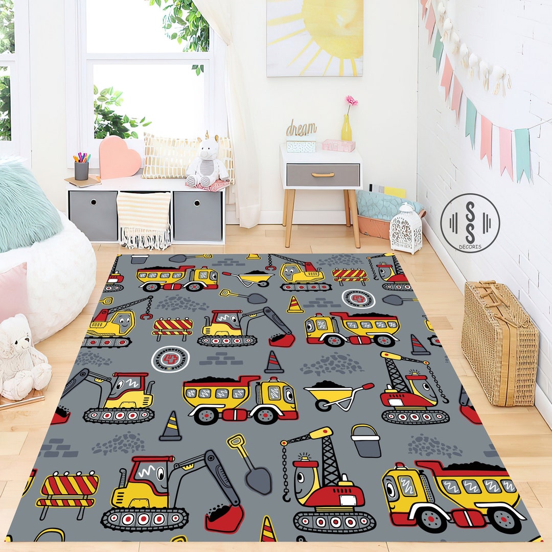 Construction Rug, Construction Modern Nursery Decor, Construction Playroom Rug, Excavator Truck
