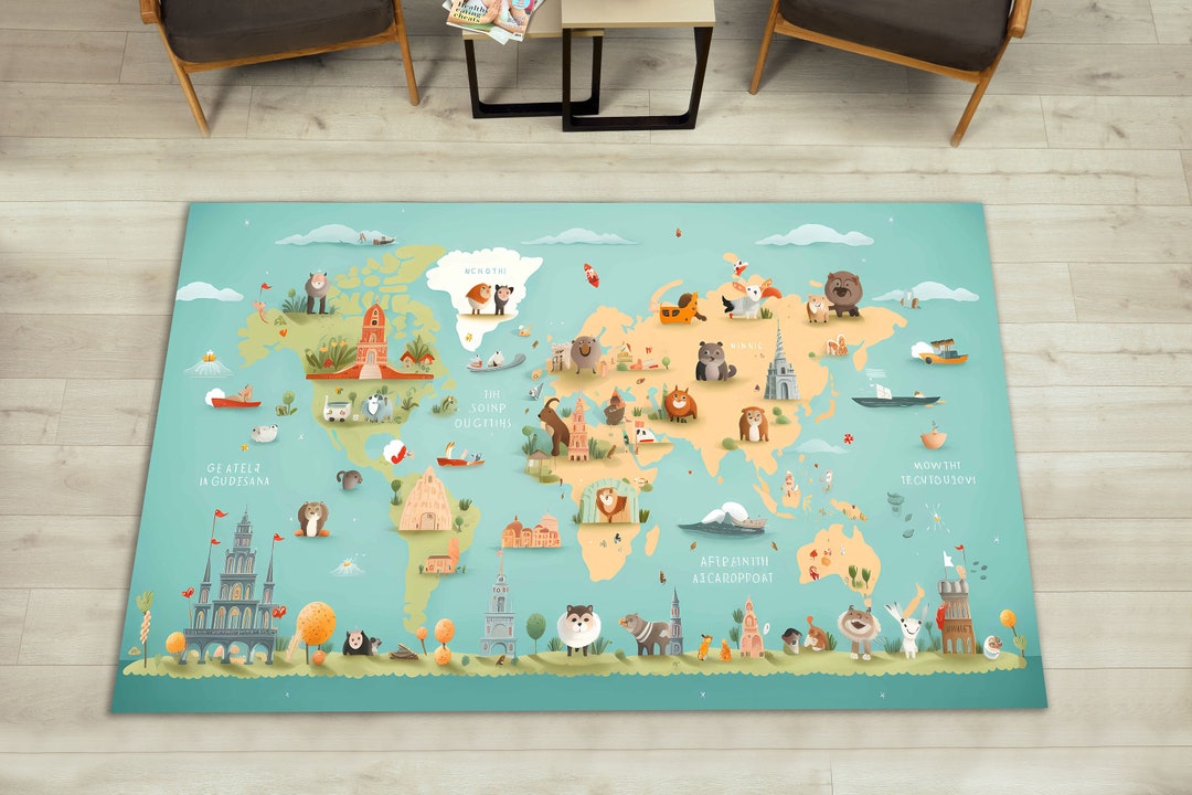 Vibrant Learning Animals Rug, World Map Rug. Lovely Toddler . Kids Play ...