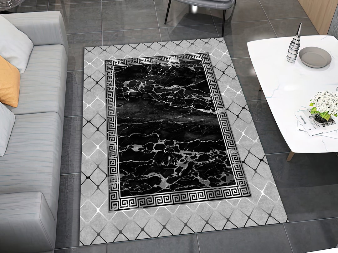 Marble Rug Greek Border Rug Living Room Rug Black Marble Etsy