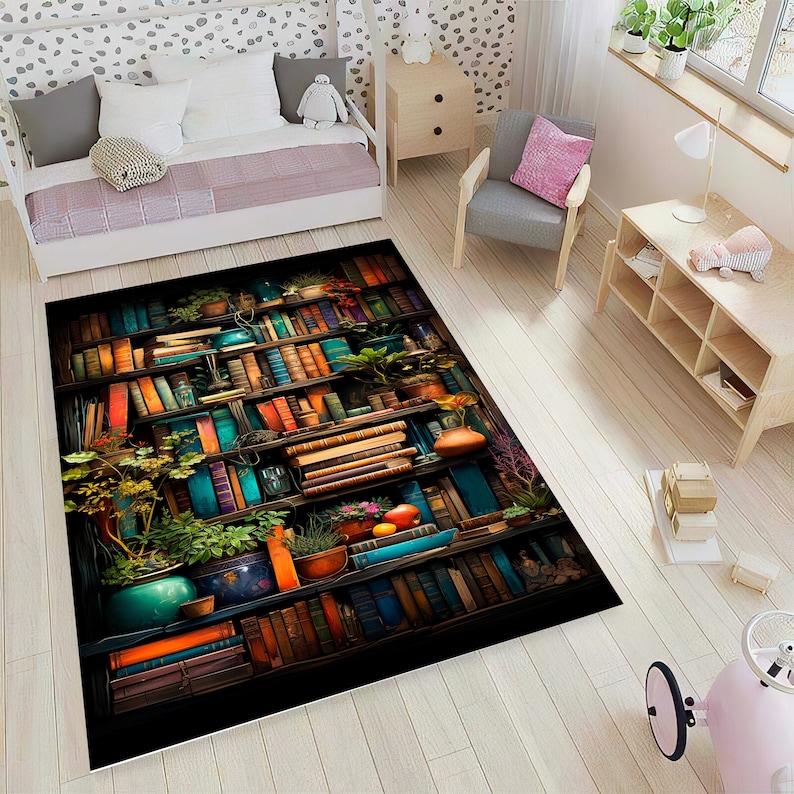 a room with a rug that has books on it
