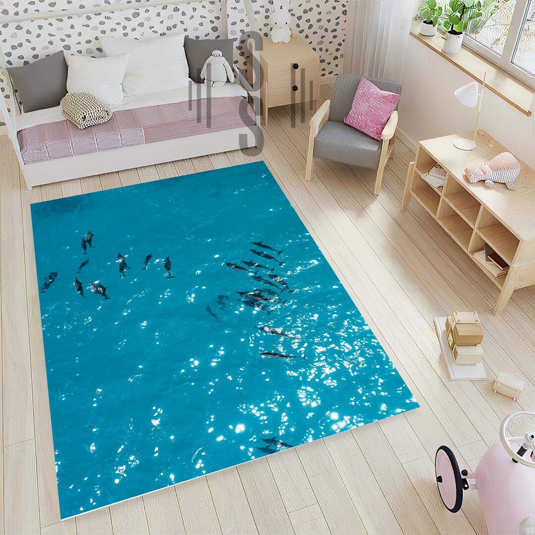 Rug 3D Blue Ocean Wave, Aqua Summer Beach Lake House Home Area Rugs