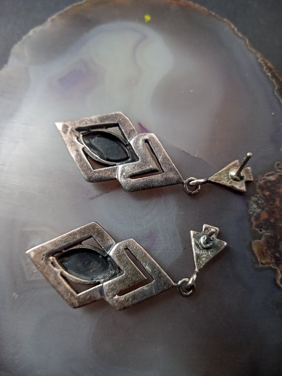 Art Deco Marcasite Black Jet Inlay Earrings in St… - image 10