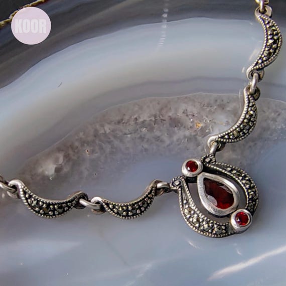 セール！！シルバー マーカサイト、ガーネットアンティークネックレス ヴィンテージ 925 デコ スターリングシルバー マーカサイト