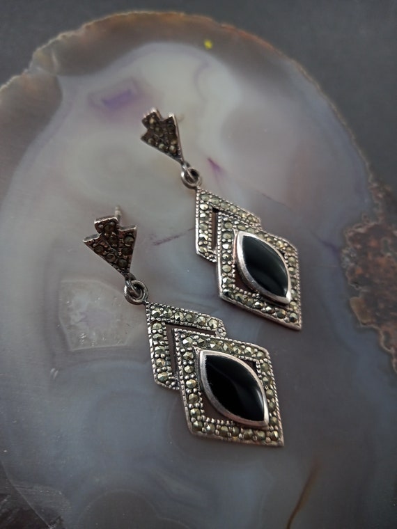 Art Deco Marcasite Black Jet Inlay Earrings in St… - image 4