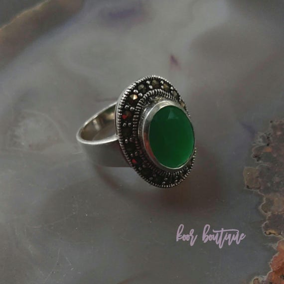 925 Sterling Silver Art Nouveau Ring - Green Jade Cabochon & Natural Marcasite Statement Ring For Women
