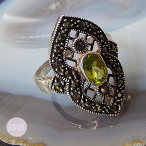 Vintage Peridot Sterling Silver Ring: Victorian Marcasite Cocktail Ring