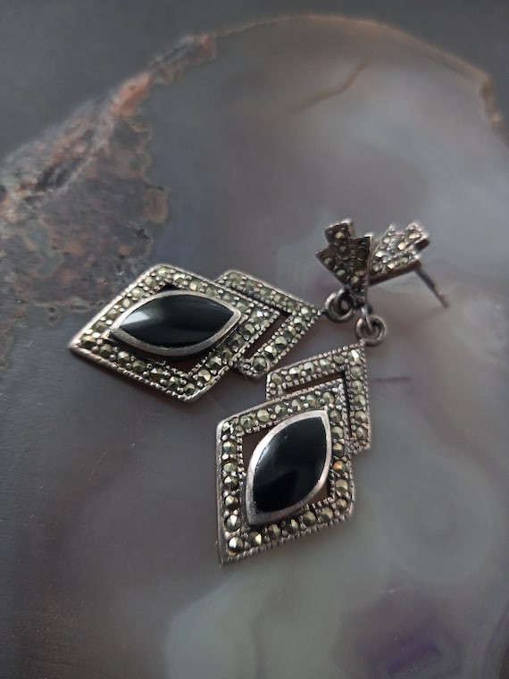Art Deco Marcasite Black Jet Inlay Earrings in St… - image 2