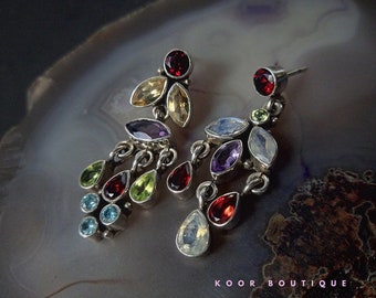 Stunning Multistone Drop Earrings in Sterling Silver with Peridot, Amethyst, Garnet, Rainbow, Topaz, Citrine, Moonstone