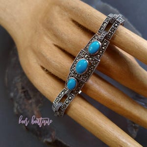 Vintage Art Deco Sterling Silver Turquoise Bracelet: Marcasite Panel Bracelet