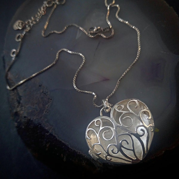 Vintage filigree style puff heart locket pendant necklace in sterling silver