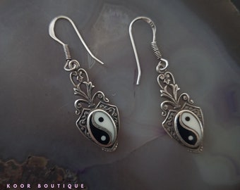 Vintage Sterling Silver Drop Earrings with Ying Yang Symbol // Balance of Life