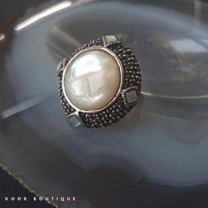 Art Deco Mother of Pearl Sterling Silver Ring - Marcasite Cocktail Ring