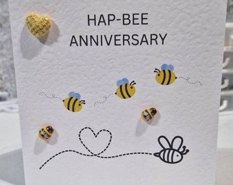 Happy bee anniversary card can be personalised with wooden bees. Bee lovers card.