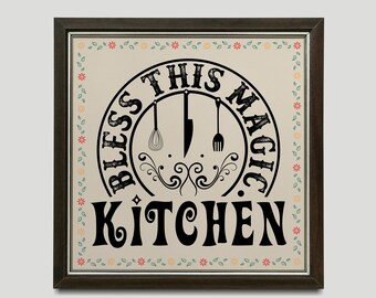 May include: A framed kitchen sign with a black and white design that says "Bless This Magic Kitchen". The sign has a floral border and a vintage style font.