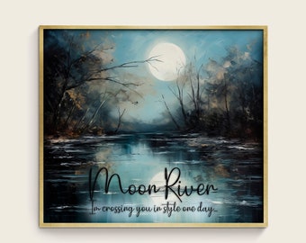 Moon River - Song Lyrics - River Painting - Audrey Hepburn - Matte Square Print - Blue and Beige