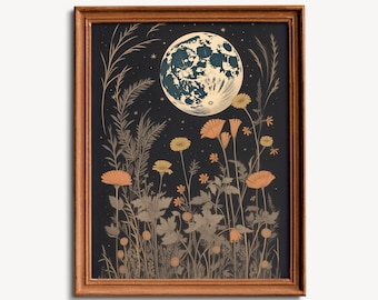 Impression Harvest Moon - Lune florale - Capricorne - Fleurs sauvages - Poster Cottagecore