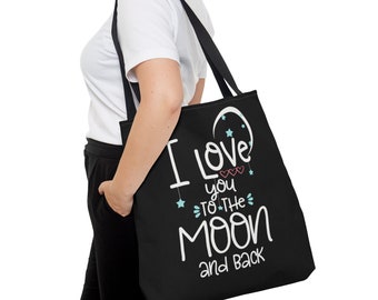 May include: A black tote bag with white text that reads "I love you to the moon and back". The text is decorated with stars and hearts.