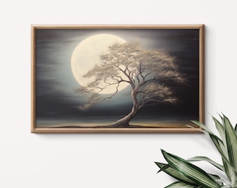May include: A framed painting depicting a solitary tree silhouetted against a full moon. The sky is a deep blue, creating a dramatic contrast.