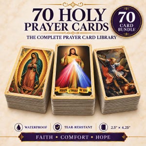 May include: A bundle of 70 holy prayer cards measuring 6.35 cm by 10.8 cm. The cards are waterproof and tear-resistant. The set features religious imagery including Our Lady of Guadalupe, Divine Mercy with text Jesus I Trust In You, and Saint Michael. The text 70 Holy Prayer Cards and The Complete Prayer Card Library is visible.