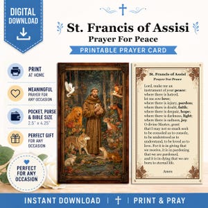 May include: A digital download of a St. Francis of Assisi prayer card featuring a 6.35 cm by 10.8 cm printable design. The set includes an illustration of St. Francis surrounded by animals in a forest and a card with the Prayer for Peace text.