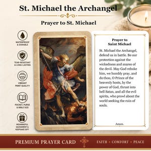 May include: A rectangular prayer card featuring a classic painting of St. Michael the Archangel defeating a demon. The card includes the full Prayer to Saint Michael text in black font on a white background, with icons indicating waterproof, tear-resistant, and durable features.