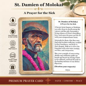 May include: A rectangular prayer card featuring a portrait of St. Damien of Molokai wearing a hat, glasses, and a pink lei. The card includes the text 'St. Damien of Molokai A Prayer for the Sick' and a full prayer printed on a white background.