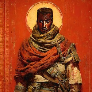 May include: A portrait of a person with dark skin wearing a thick, layered brown scarf and textured tan clothing. A golden halo circles the head against a vibrant red background. The figure holds a metallic sword and wears detailed gear.